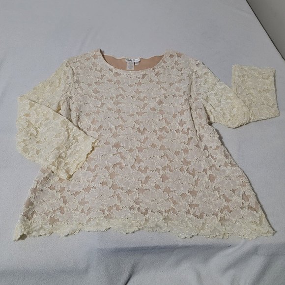 XXL Coldwater Creek Long Sleeve beige cream mesh lace embroidered floral plus - Picture 2 of 7